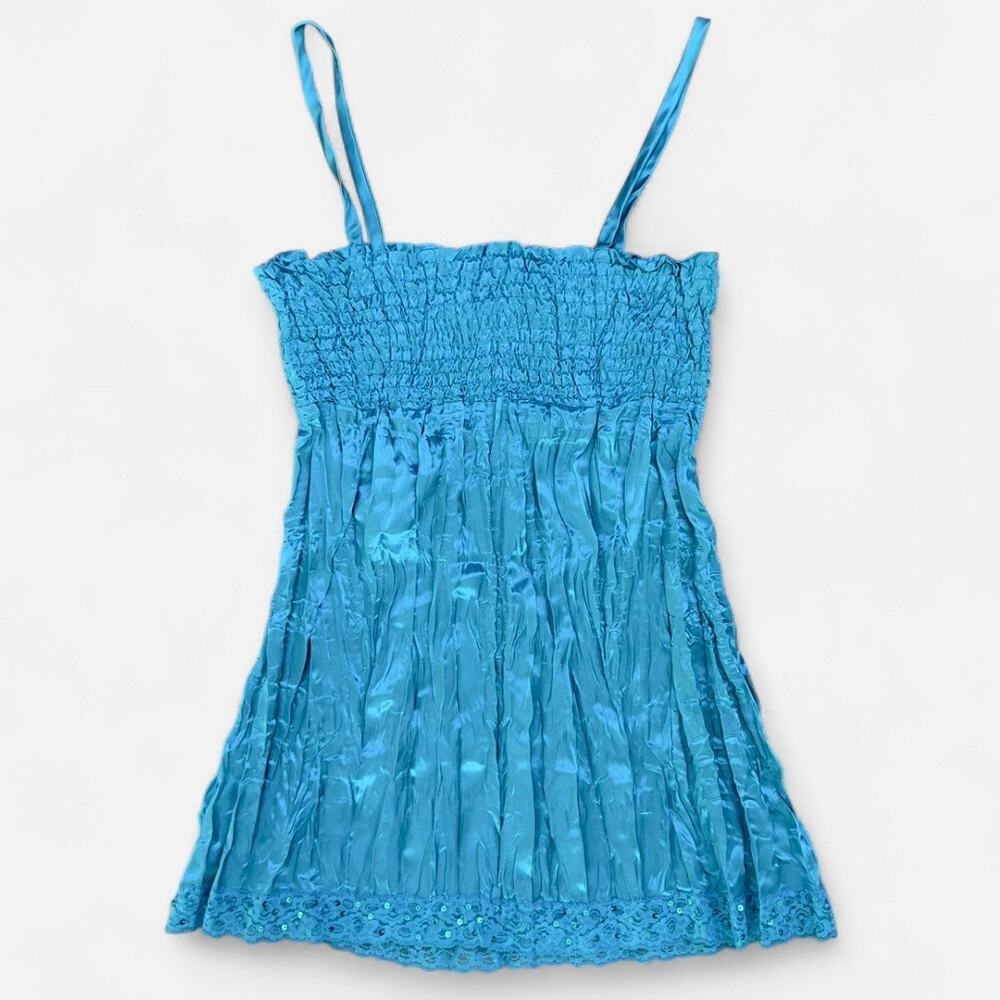 One Step Up Y2K Messy Pleated Turquoise Blue Camisole Top with Sequin Trim